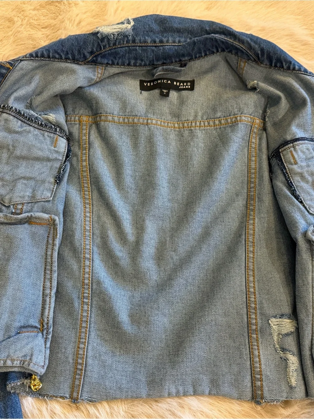Veronica Beard Distressed Blue Cropped Denim Jacket with Gold Buttons & Chain